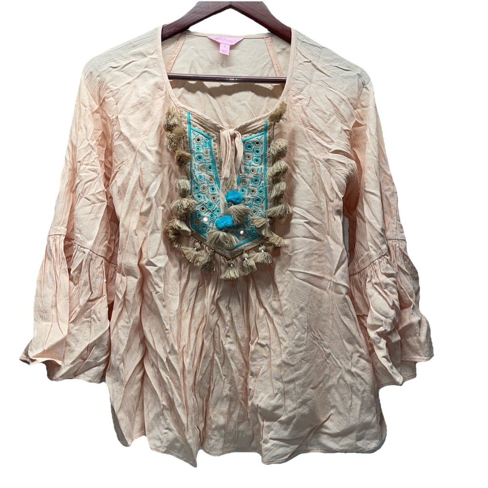 Lily Pulitzer Women's Small Sand Stone Peach Embroidered 3/4 Sleeve Top